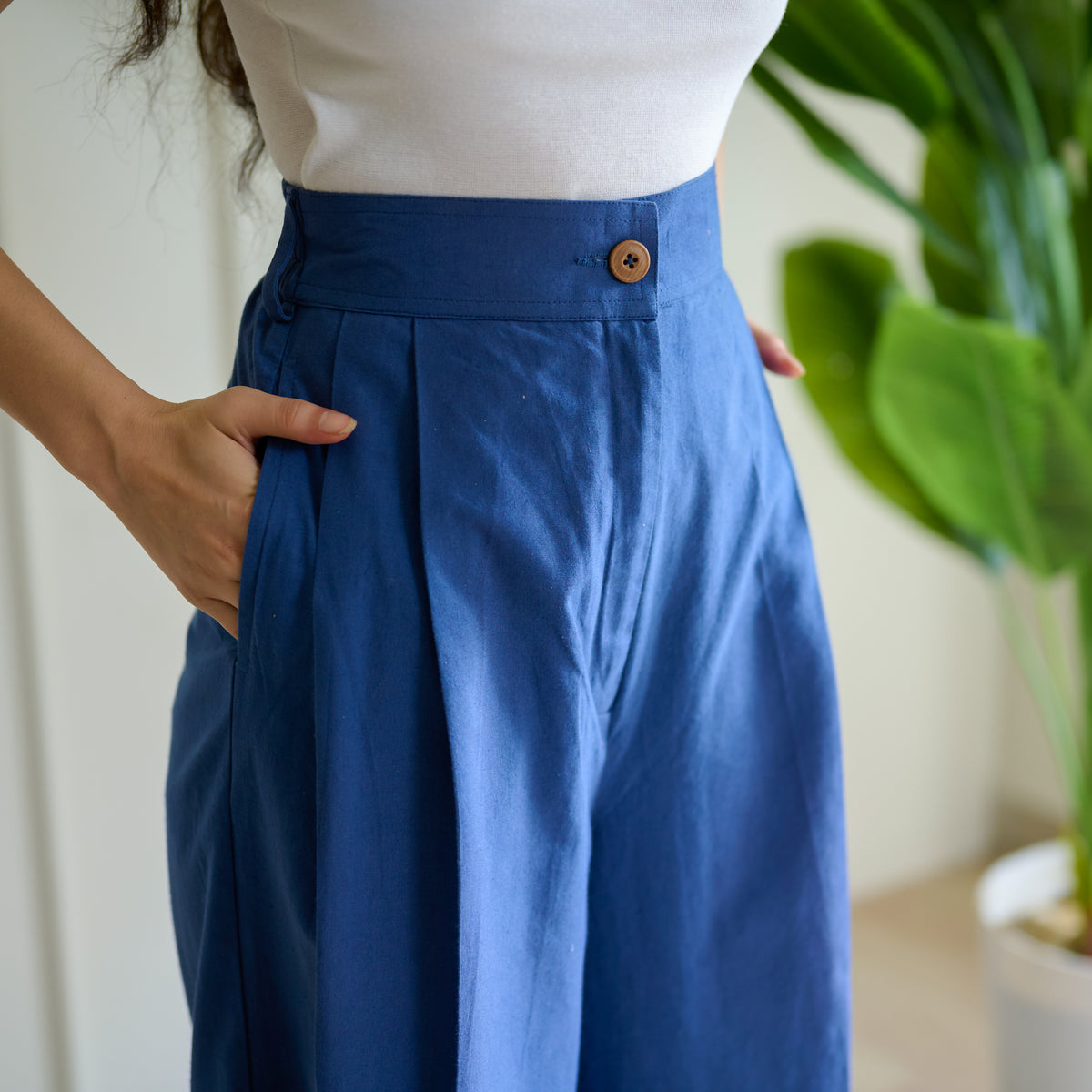 High Waist Pleated Cotton Trousers - Classic Blue