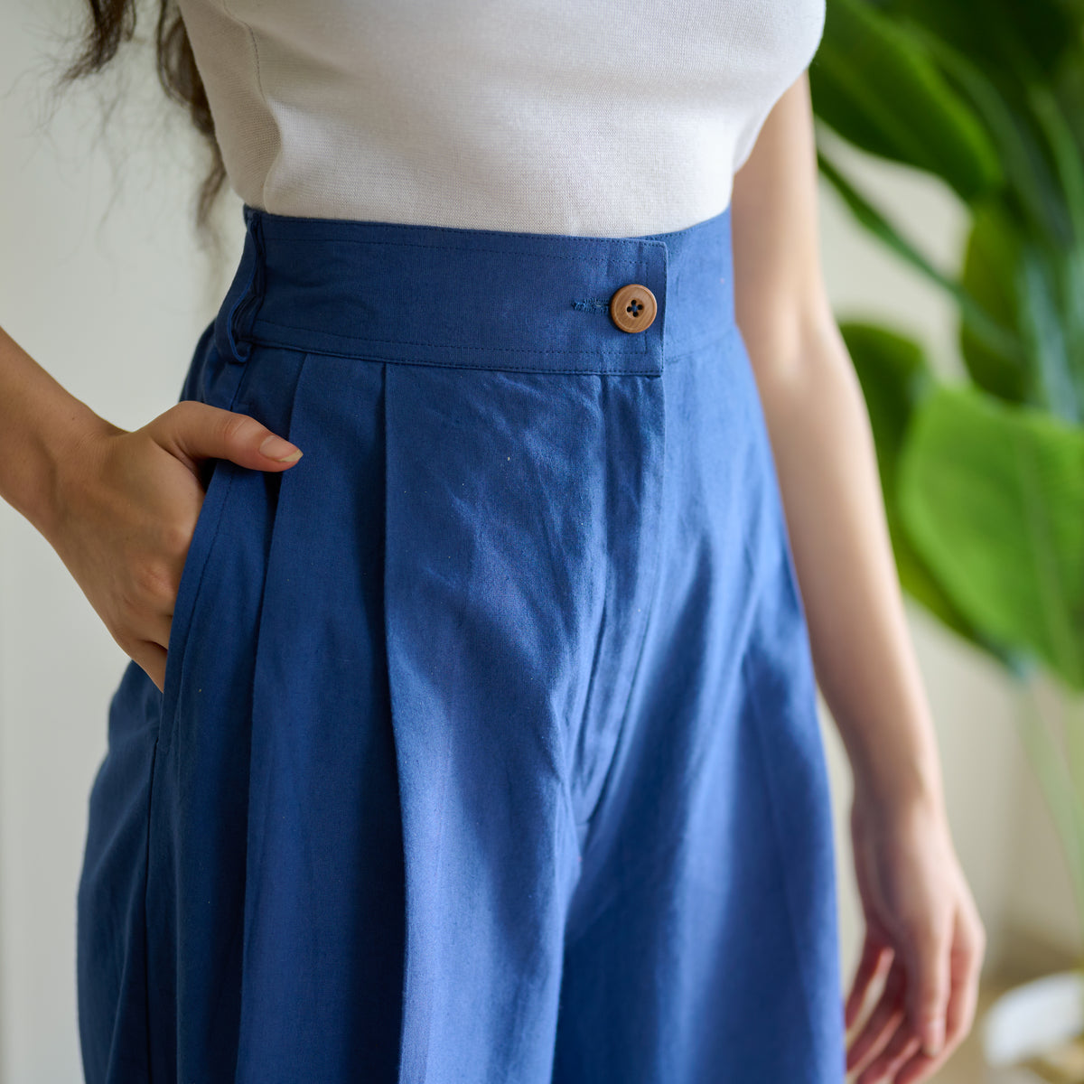 High Waist Pleated Cotton Trousers - Classic Blue