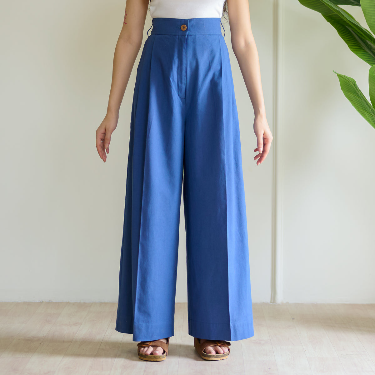 High Waist Pleated Cotton Trousers - Classic Blue