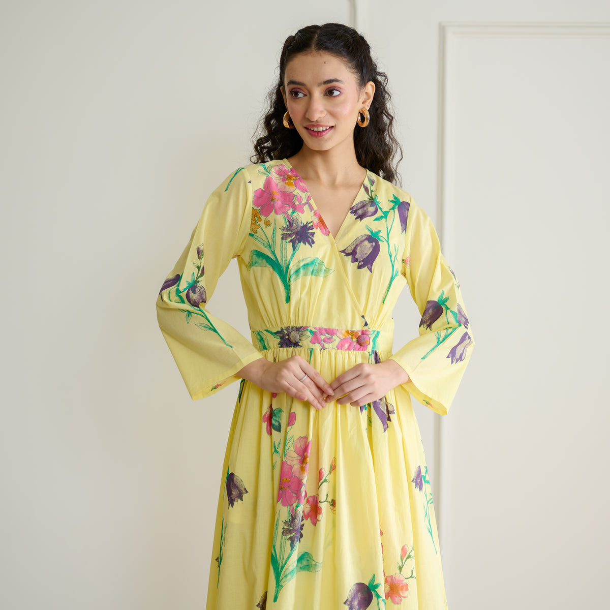 Tulip Cotton Overlap Dress with Mulmul Slip - Banana Yellow