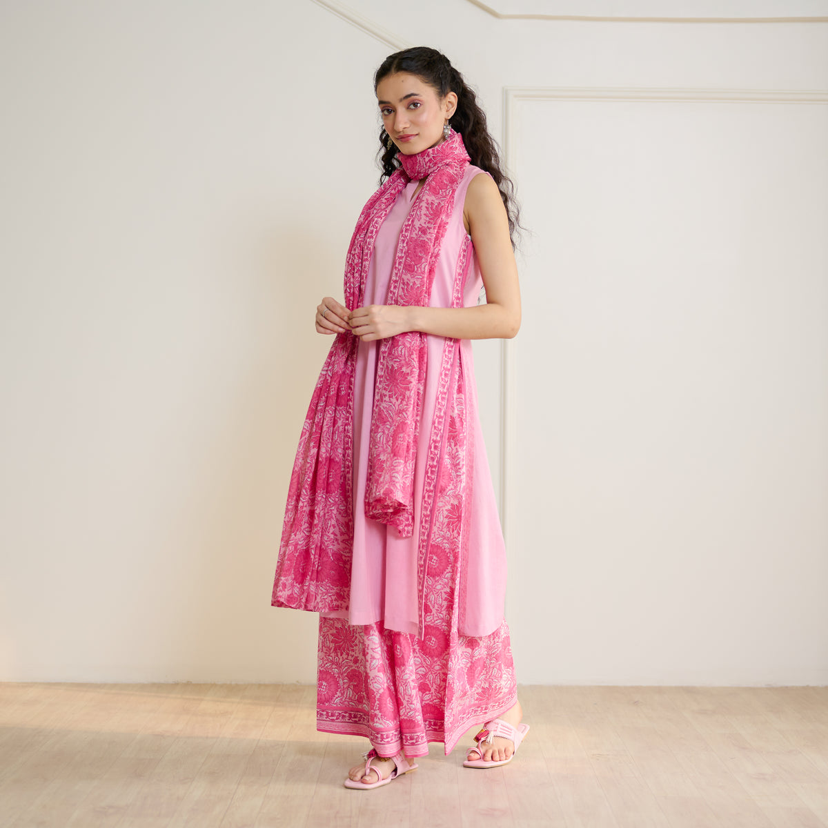 Mehek Sanganeri Inspired Sleeveless Kurta Palazzo Set with Dupatta - Baby Pink