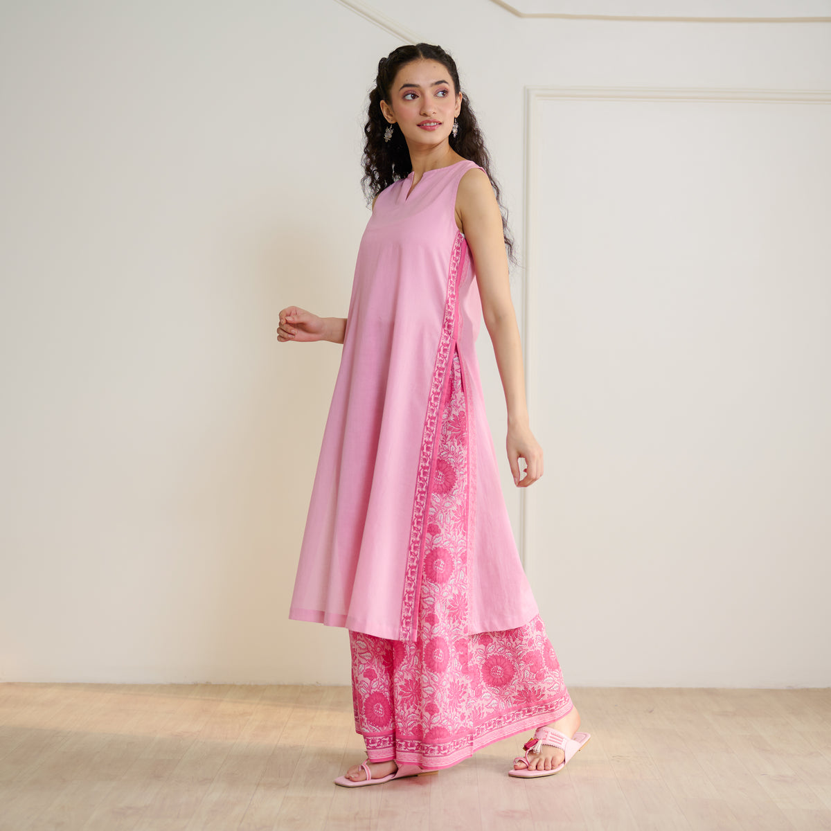 Mehek Sanganeri Inspired Sleeveless Kurta Palazzo Set with Dupatta - Baby Pink