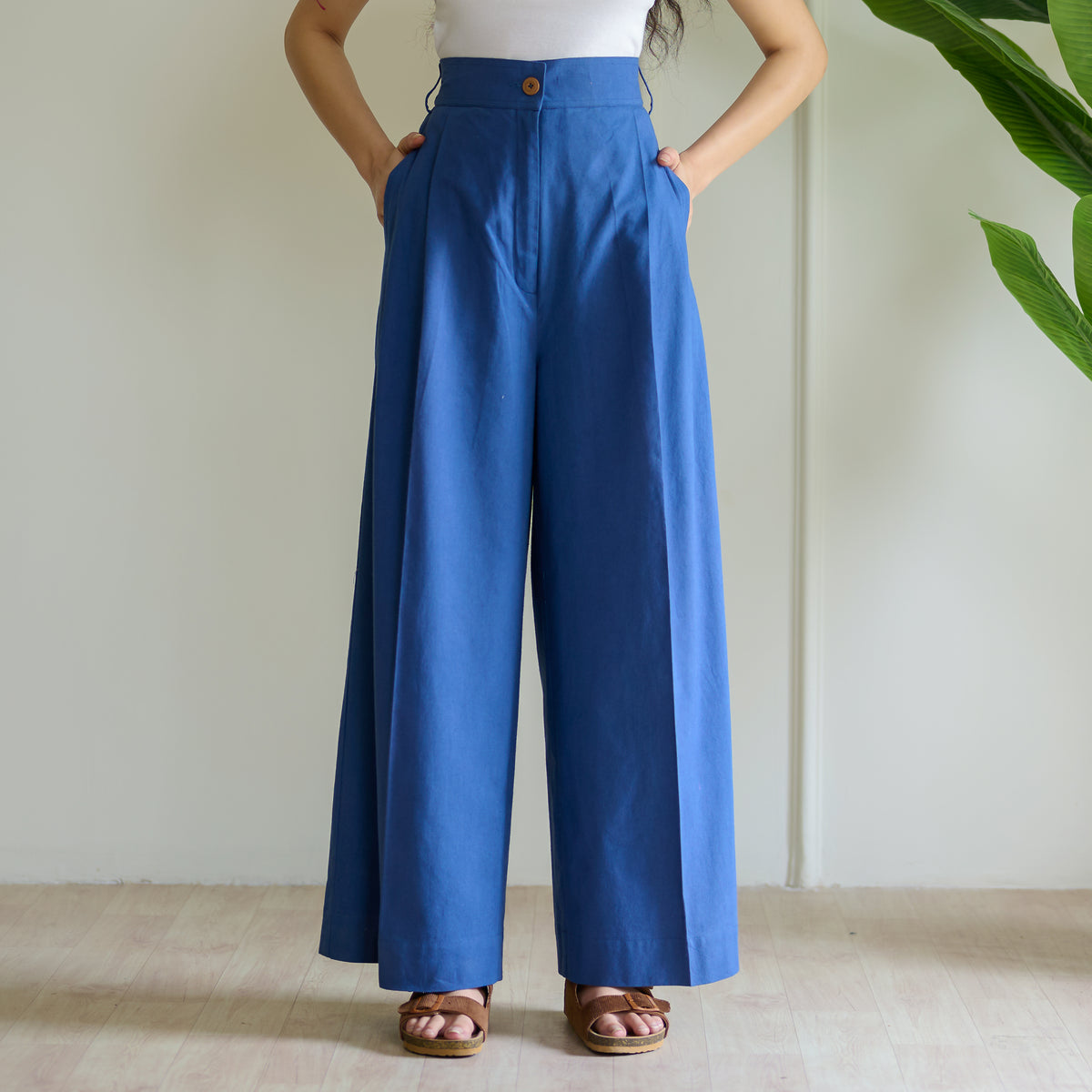 High Waist Pleated Cotton Trousers - Classic Blue
