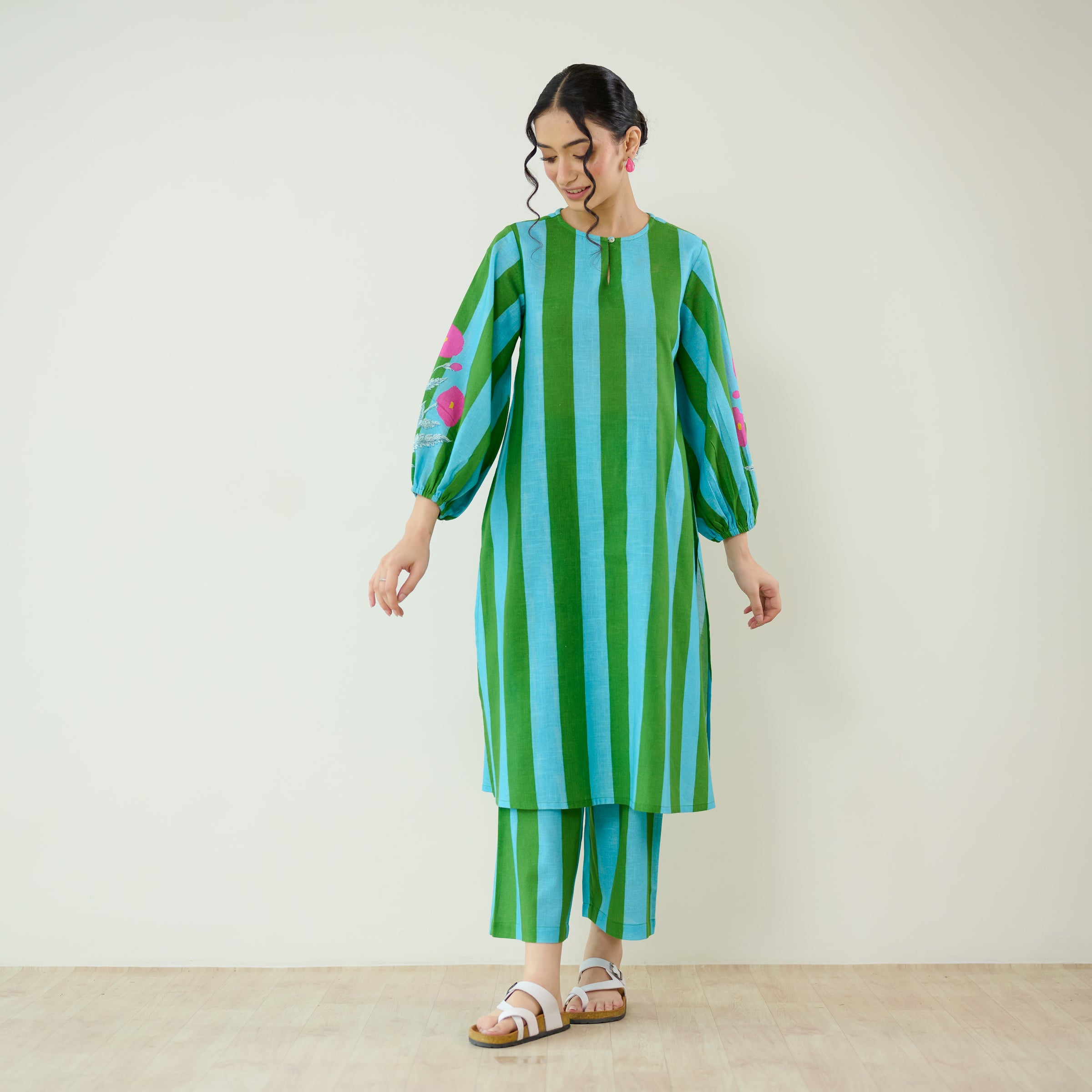 Verandah Striped Kurta Set - Sea Green