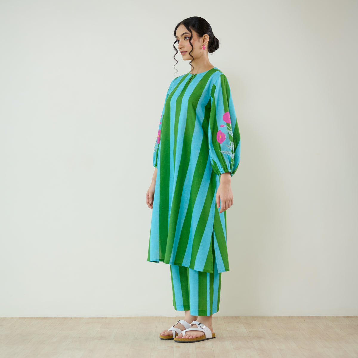 Verandah Striped Kurta Set - Sea Green