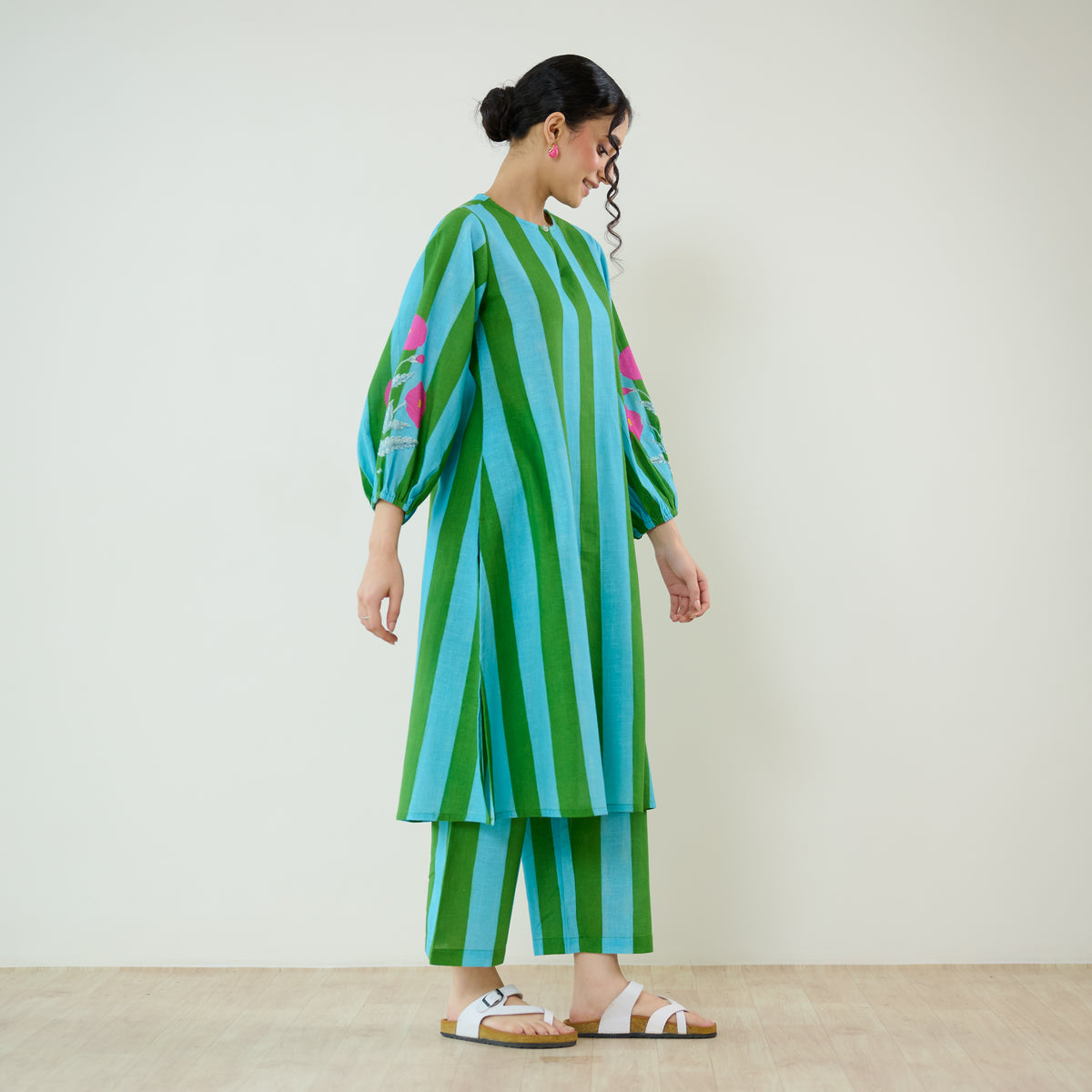 Verandah Striped Kurta Set - Sea Green