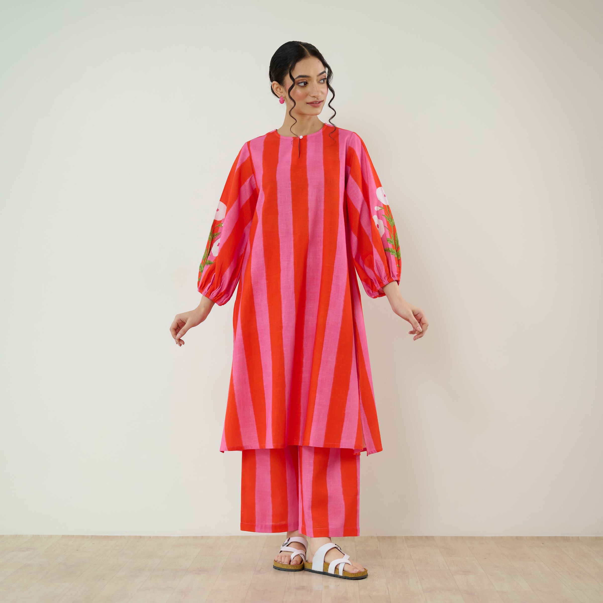 Verandah Striped Kurta Set - Hot Pink