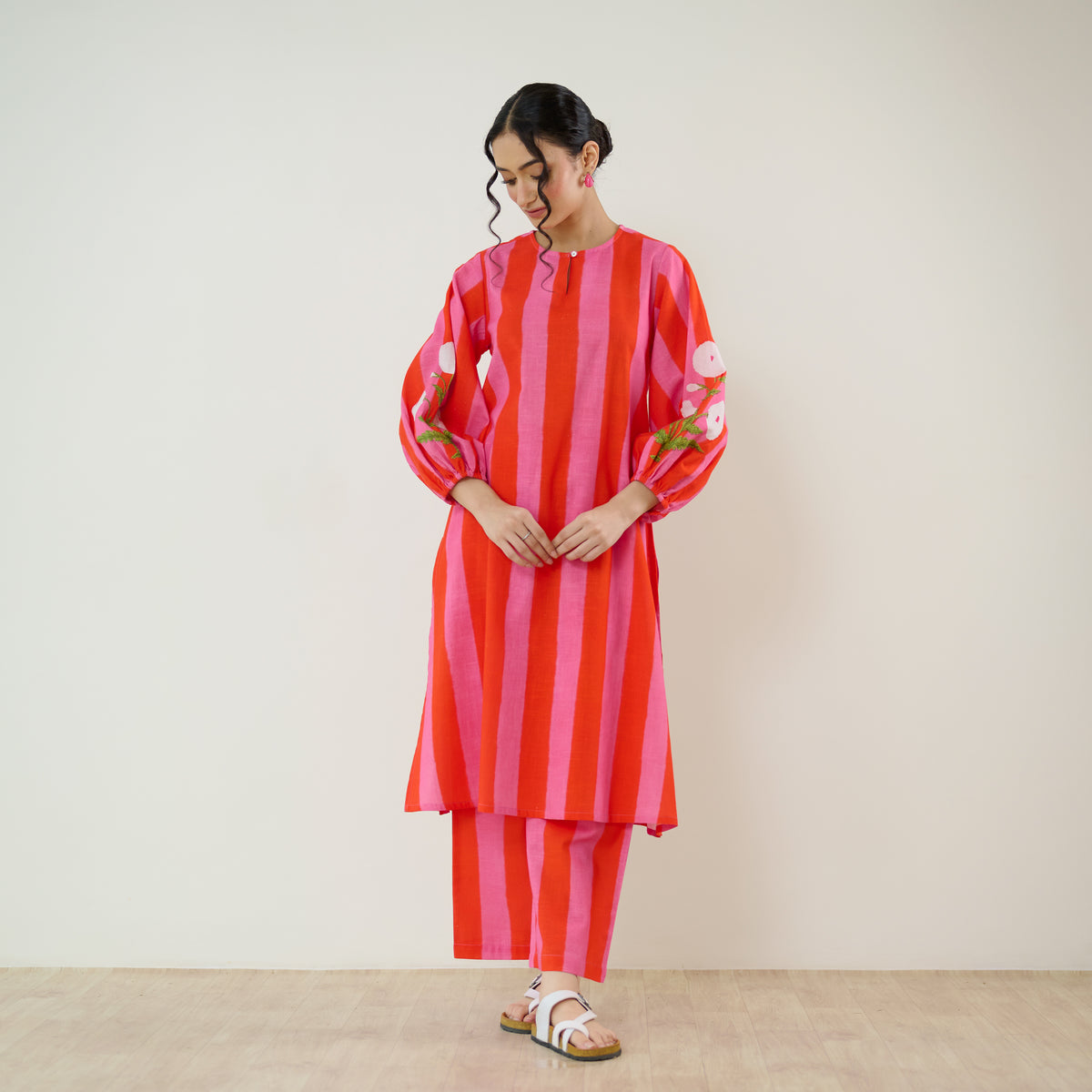 Verandah Striped Kurta Set - Hot Pink
