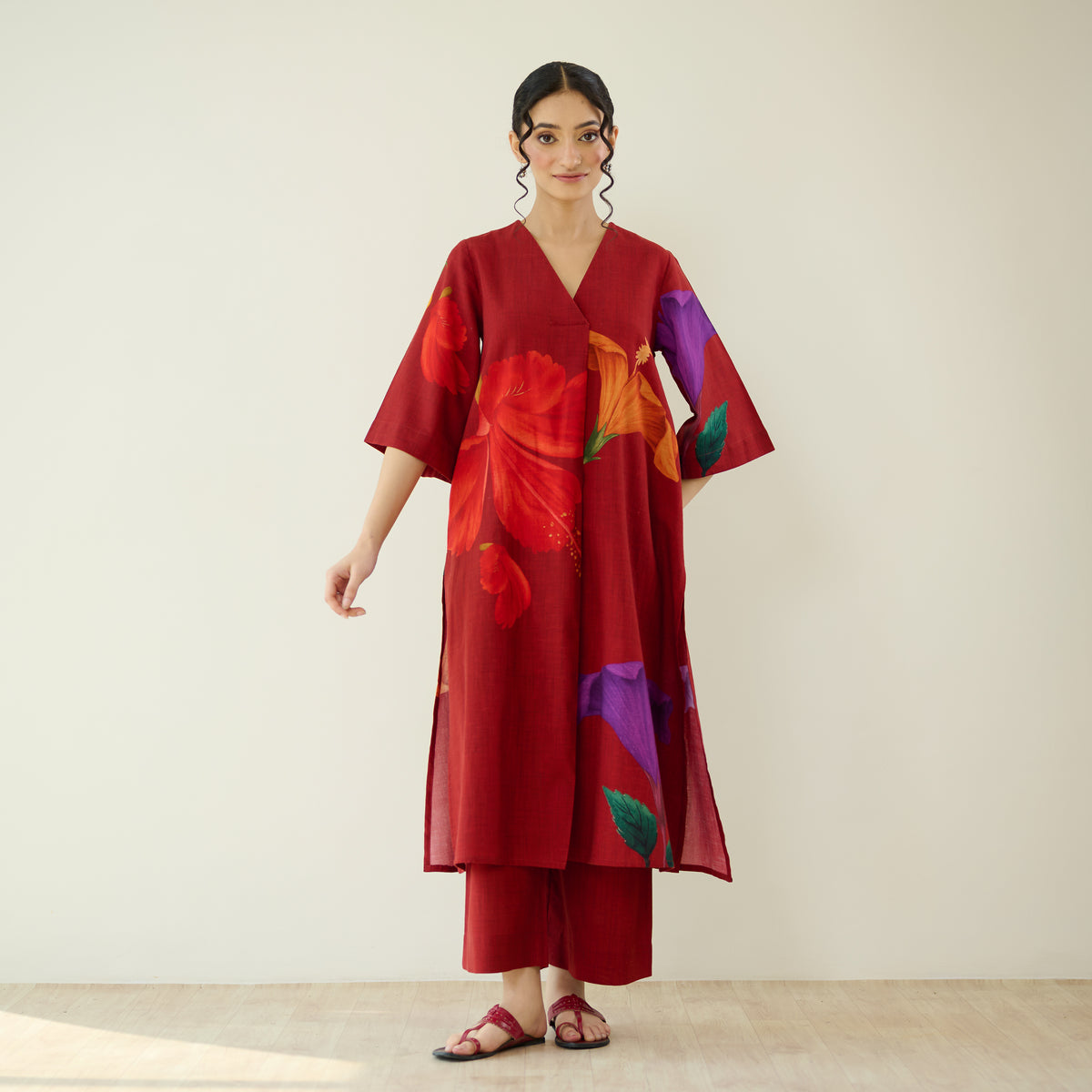 Hibiscus Slub Cotton Kurta Set - Cherry Red