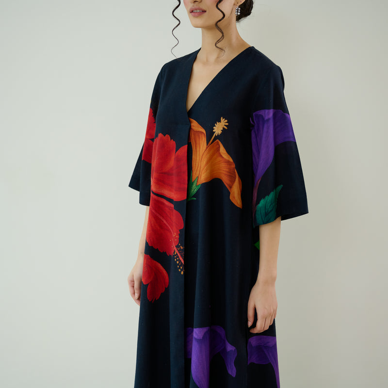 Hibiscus Slub Cotton Kurta Set - Black