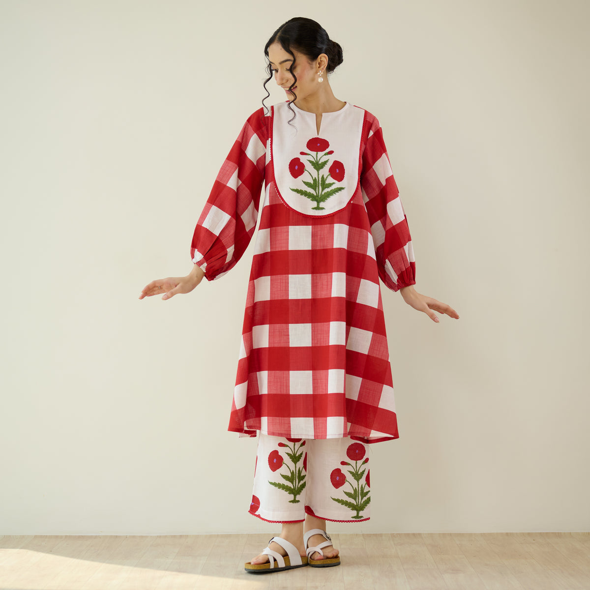 Old School Slub Cotton Kurta Set - Red