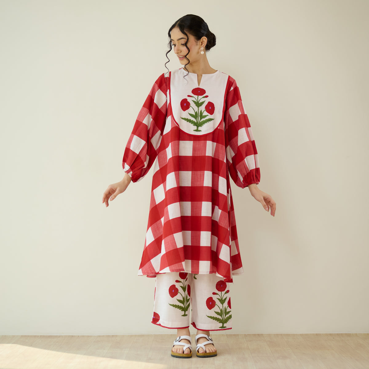 Old School Slub Cotton Kurta Set - Red