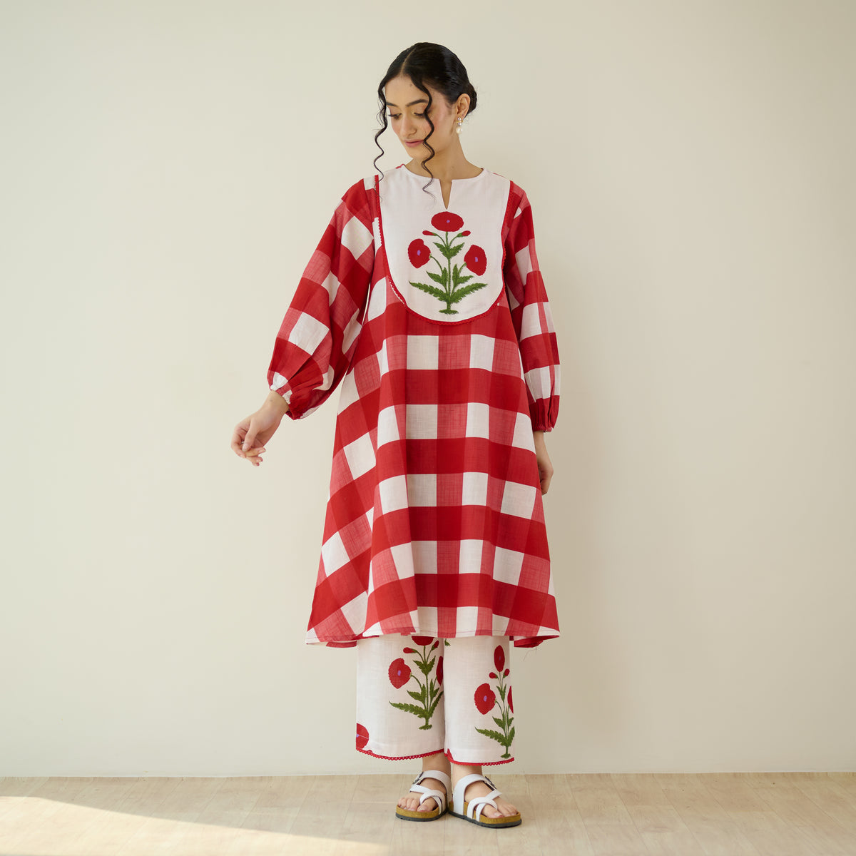 Old School Slub Cotton Kurta Set - Red