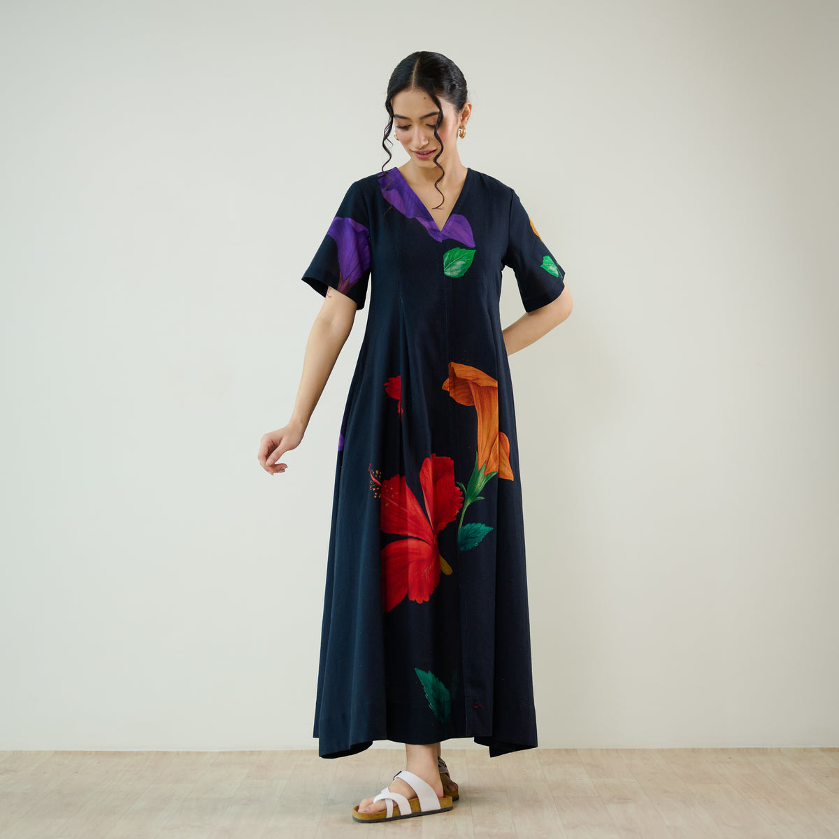 Hibiscus Bloom Cotton Maxi Dress - Black