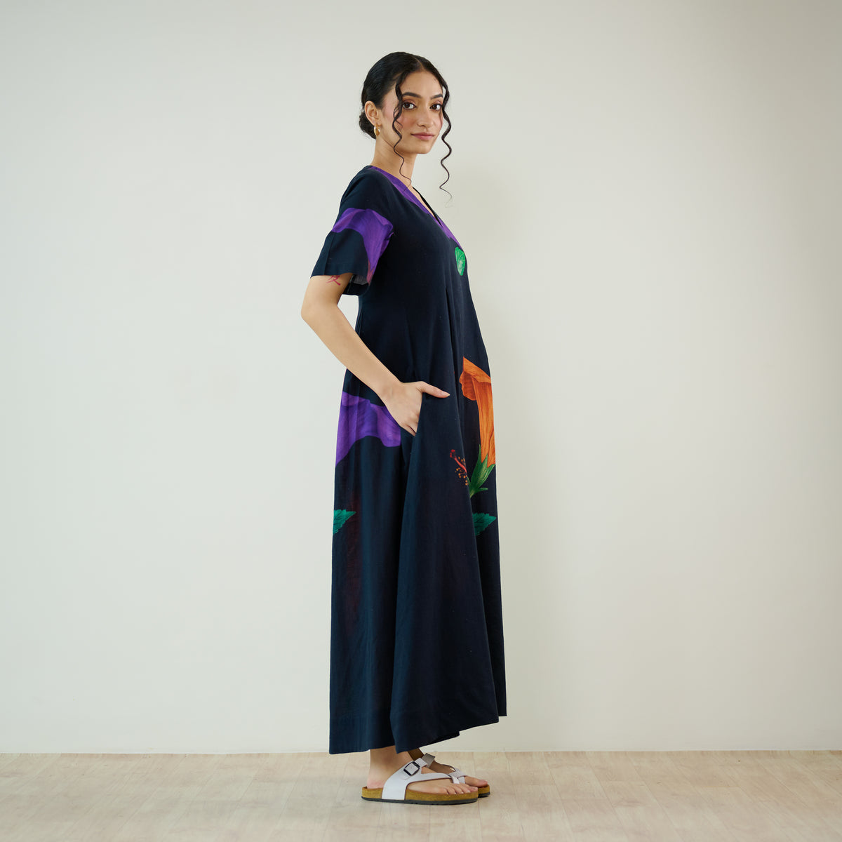 Hibiscus Bloom Cotton Maxi Dress - Black