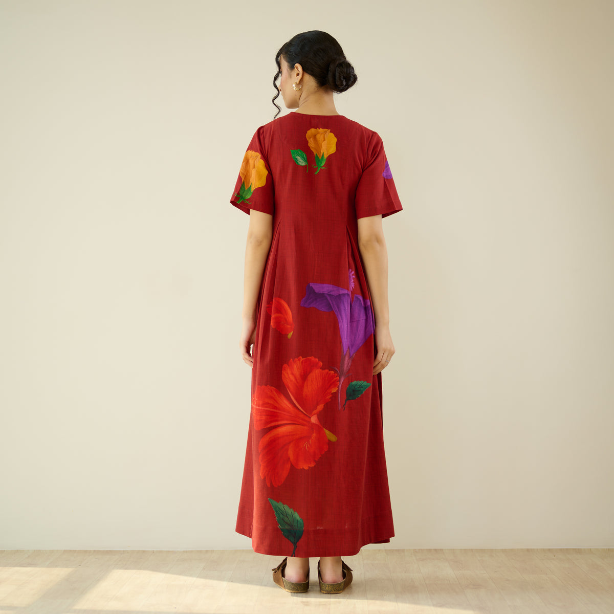 Hibiscus Bloom Cotton Maxi Dress - Classic Red