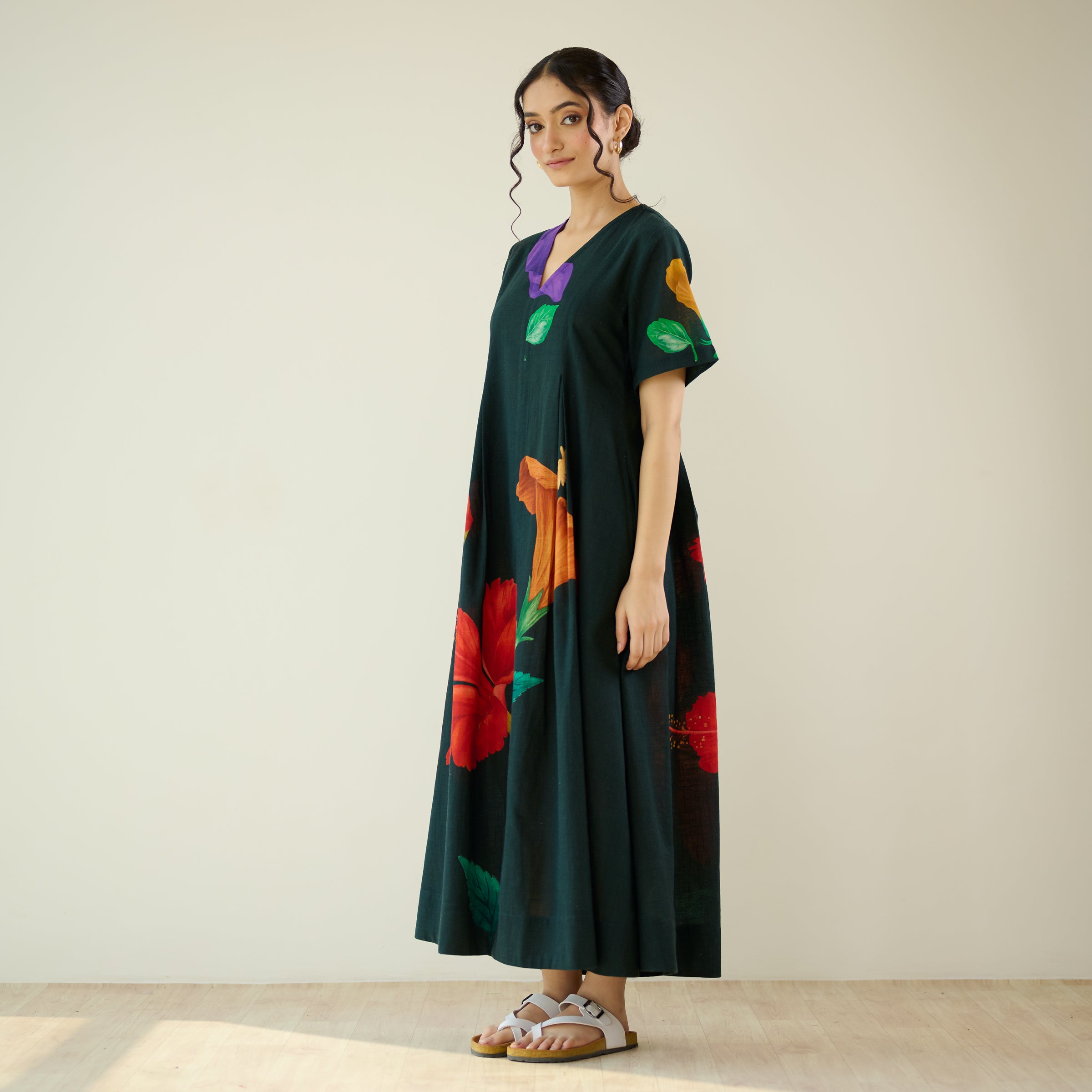 Hibiscus Bloom Cotton Maxi Dress - Emerald Green