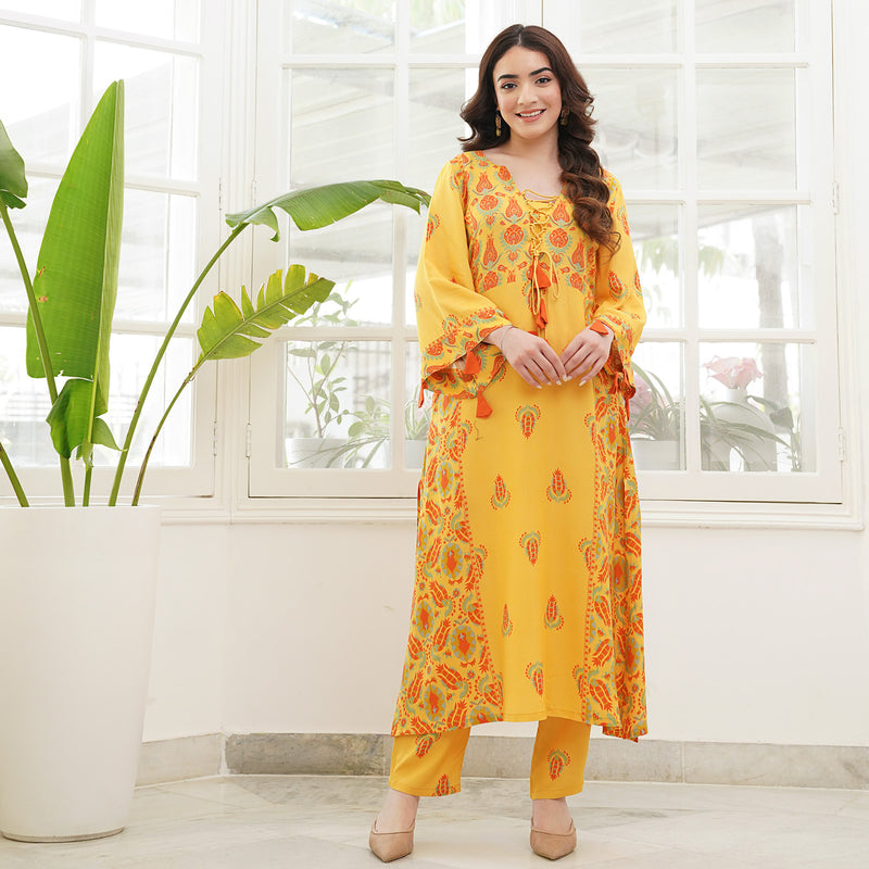 Mustard Paneled Kurta Pant Set with Tie Up Neck Details & Flared Sleeves