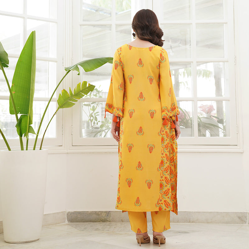 Mustard Paneled Kurta Pant Set with Tie Up Neck Details & Flared Sleeves