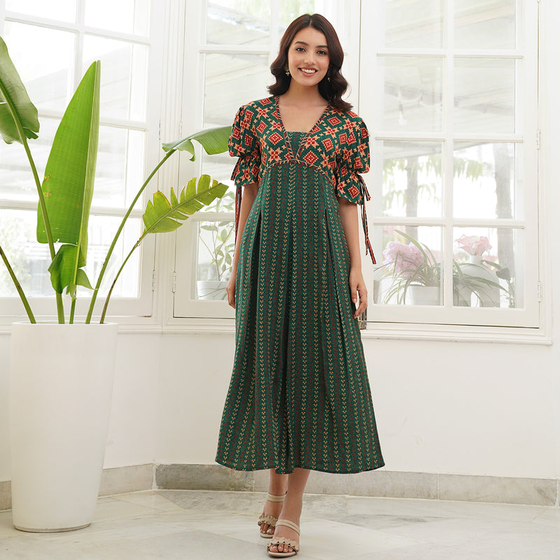 Moff Green Pleated Maxi Dress with Puff Sleeves & Pockets