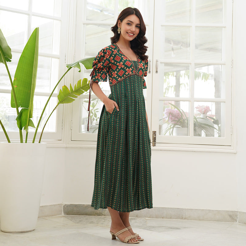 Moff Green Pleated Maxi Dress with Puff Sleeves & Pockets
