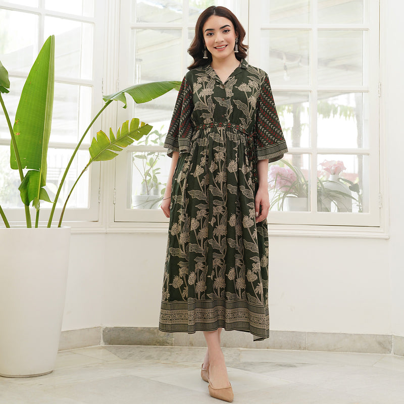 Green Flared Sleeves Dress with Belt Detail & Pockets