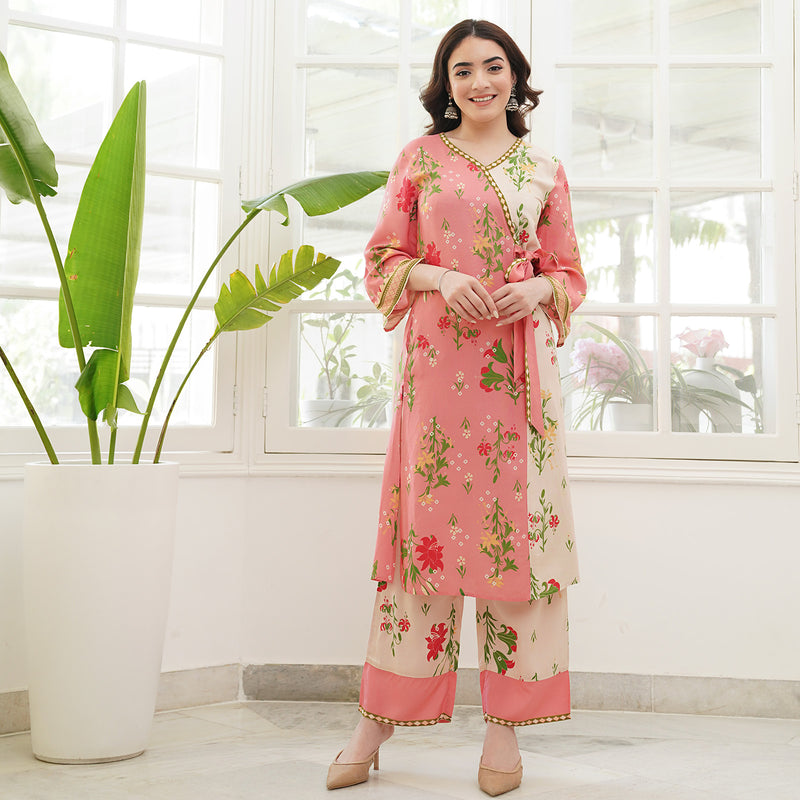 Buy Baby Pink & Cream Floral Printed Kurta Pant Set with Knot Details