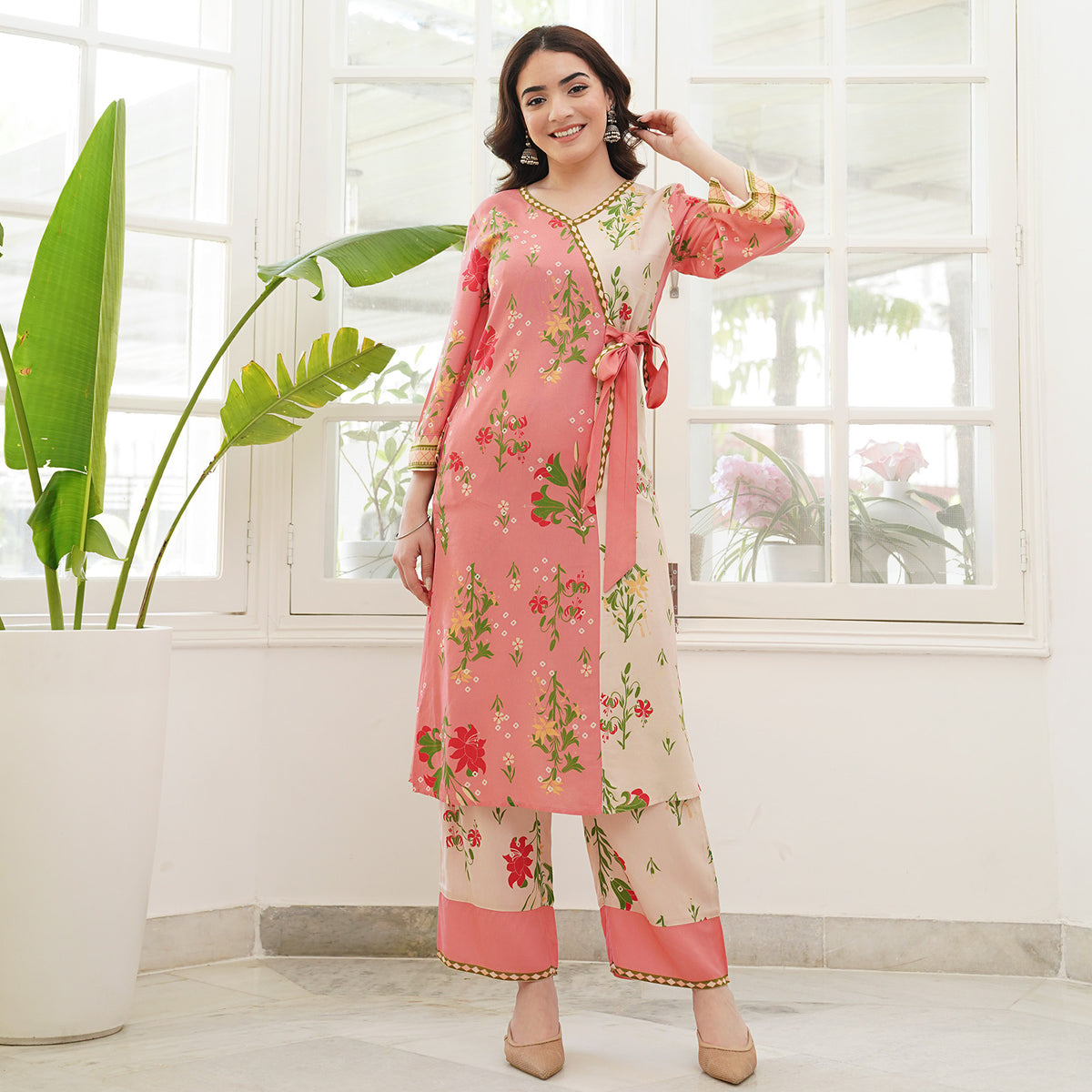 Baby Pink & Cream Floral Printed Kurta Pant Set with Knot Details