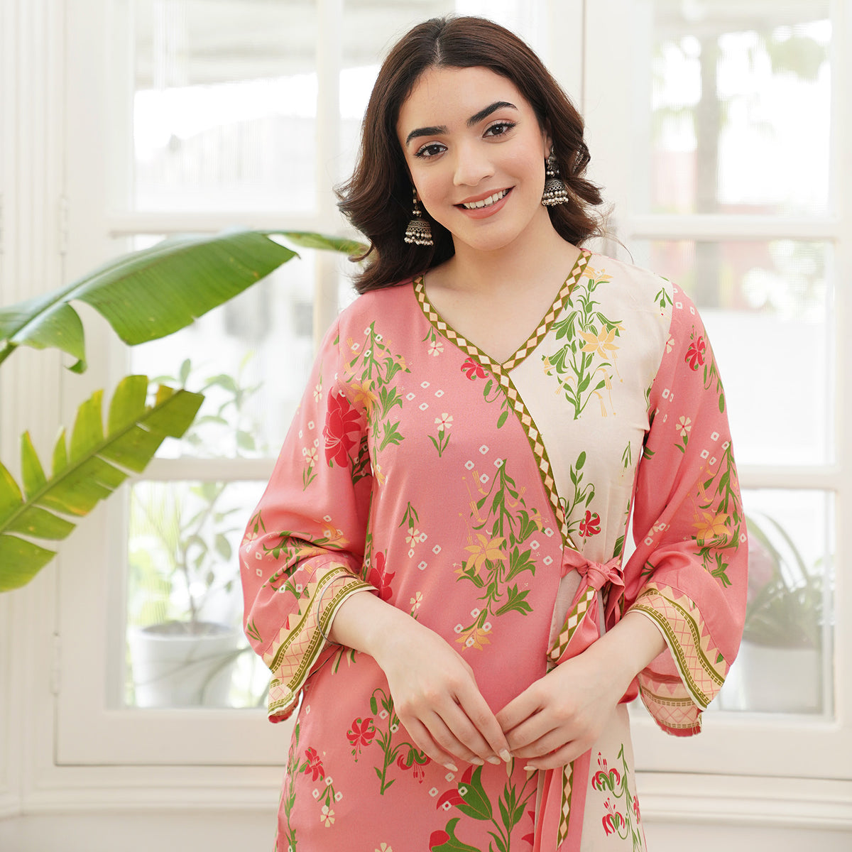 Baby Pink & Cream Floral Printed Kurta Pant Set with Knot Details