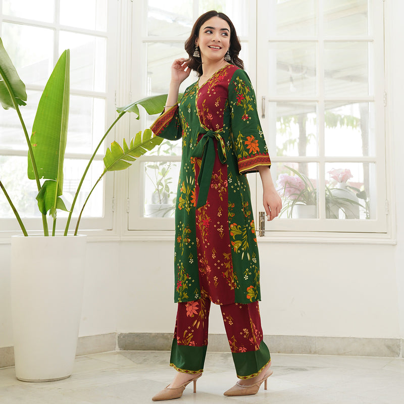 Green & Maroon Floral Printed Kurta Pant Set with Knot Details