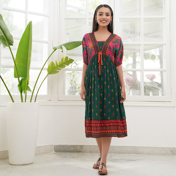 Green Printed Dress with Puff Sleeves & Mock Tie Up Detail on Waist