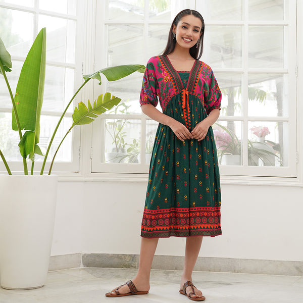 Green Printed Dress with Puff Sleeves & Mock Tie Up Detail on Waist