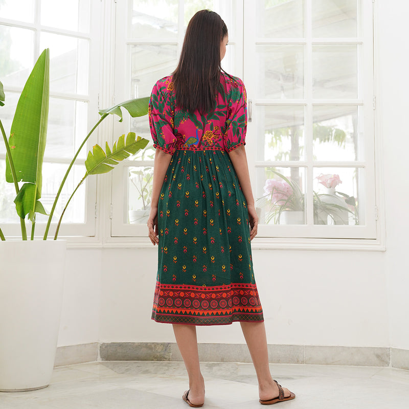Green Printed Dress with Puff Sleeves & Mock Tie Up Detail on Waist
