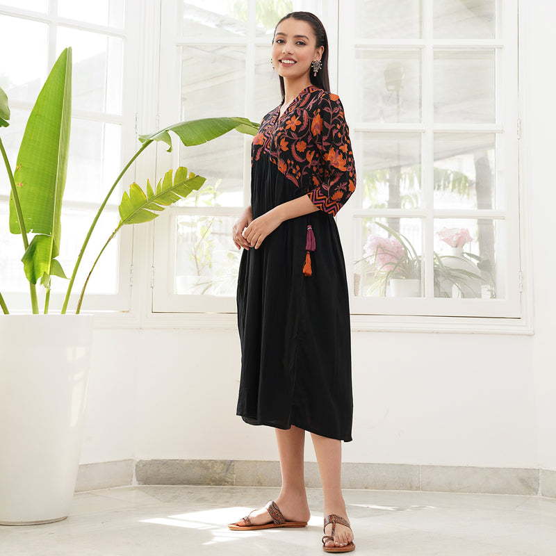 Black & Rust V Neck Gathered Dress with Tassels