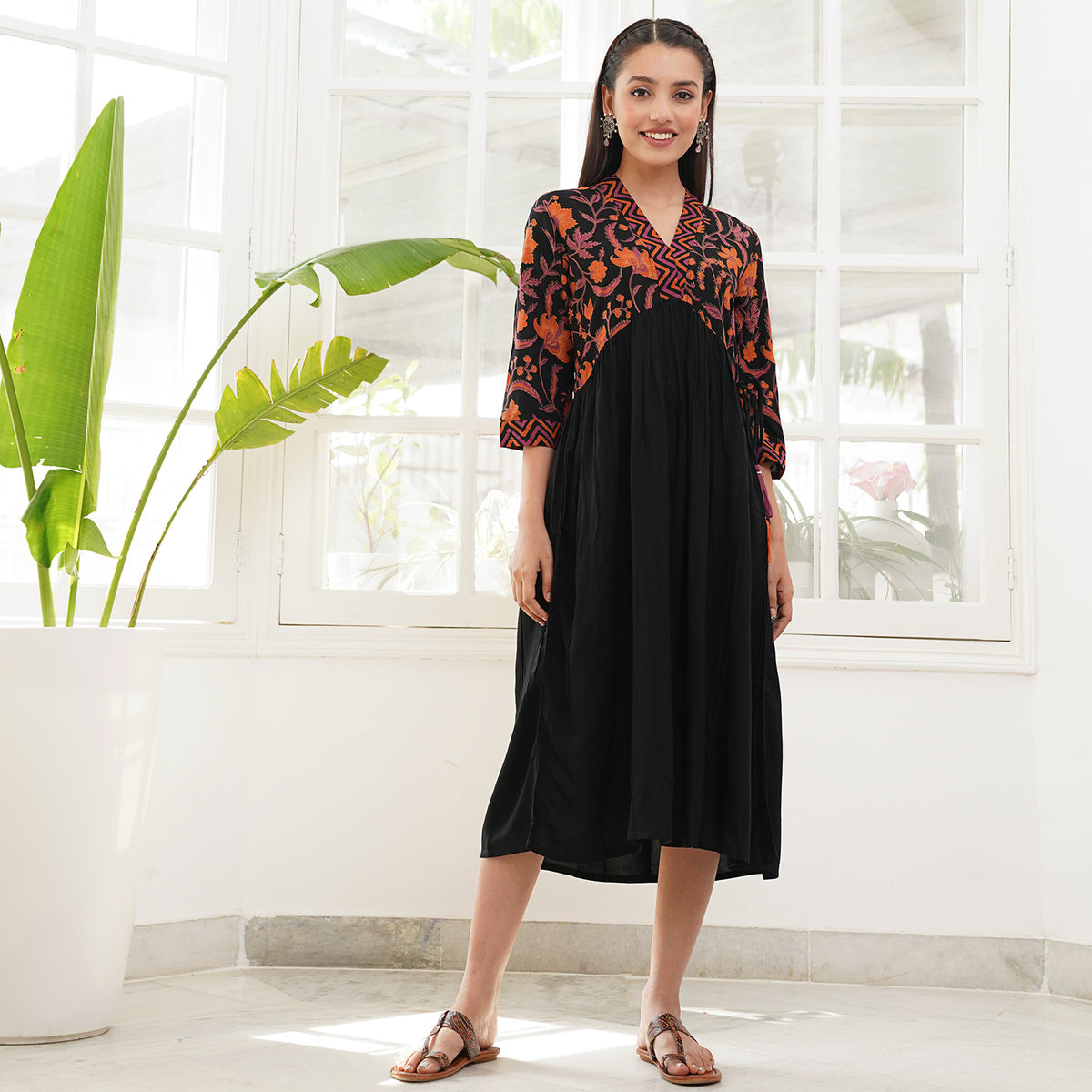 Black & Rust V Neck Alia Cut Dress with Tassels
