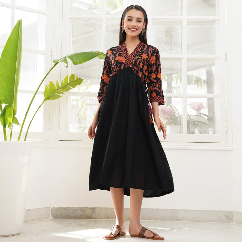 Buy Black & Rust V Neck Alia Cut Dress with Tassels