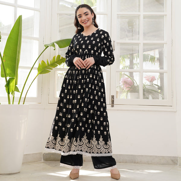 Black Front Gathered Kurta Pant Set