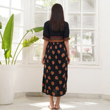 Black Printed V Neck Gathered Dress