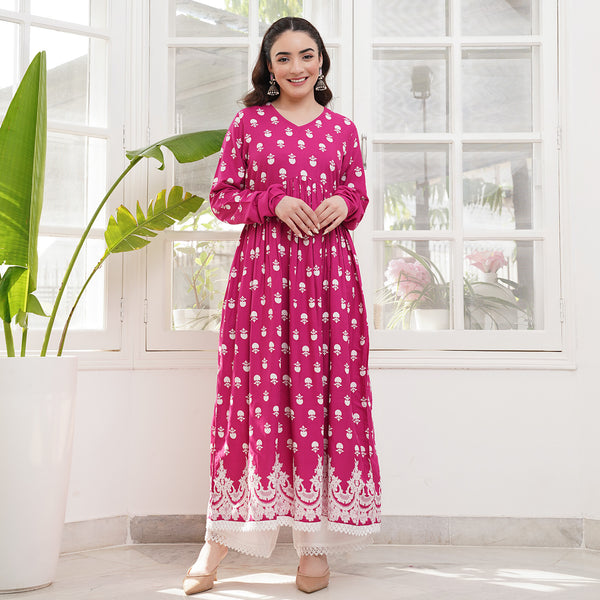 Pink Front Gathered Kurta Pant Set