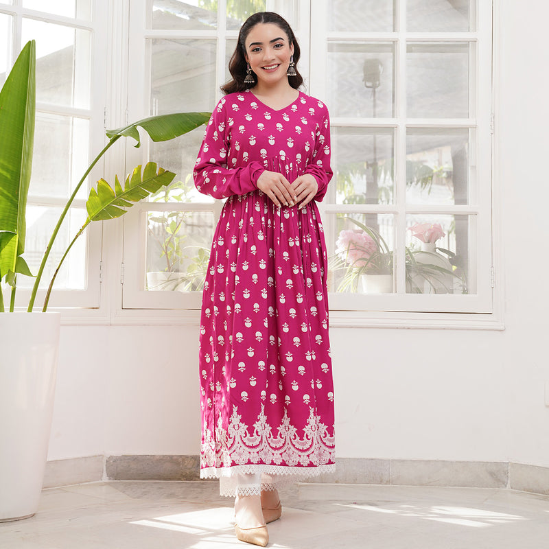 Pink Front Gathered Kurta Pant Set