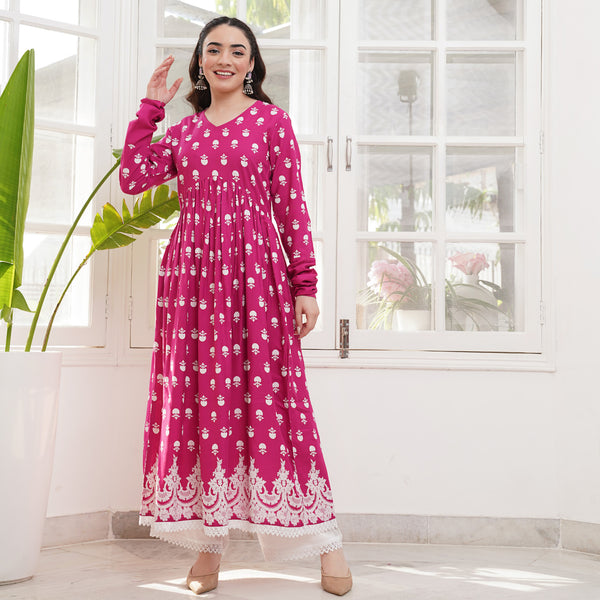 Pink Front Gathered Kurta Pant Set