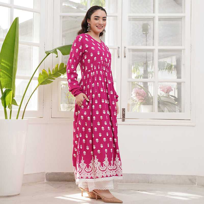 Pink Front Gathered Kurta Pant Set