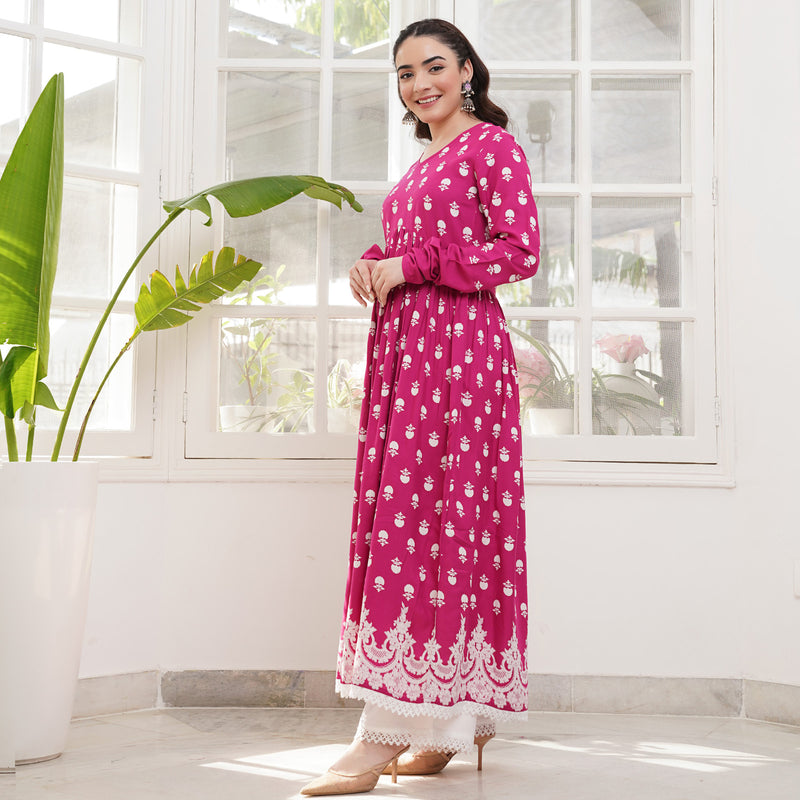 Pink Front Gathered Kurta Pant Set