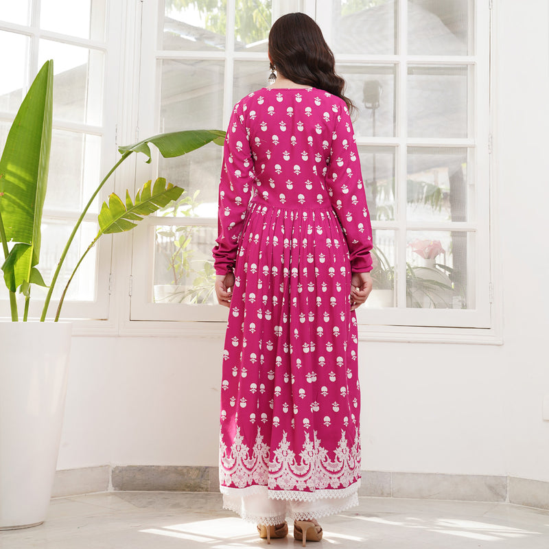 Pink Front Gathered Kurta Pant Set