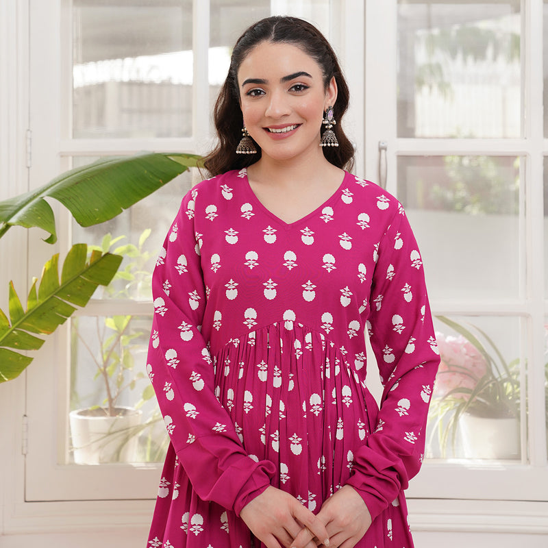 Pink Front Gathered Kurta Pant Set