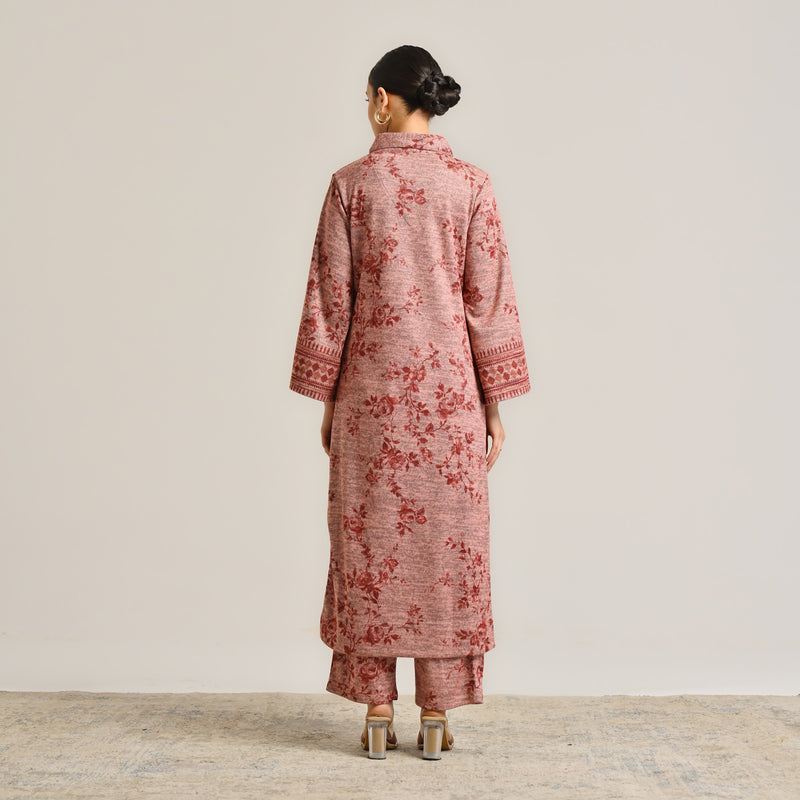 Peach Contemporary Woollen Kurta with Shawl Collar