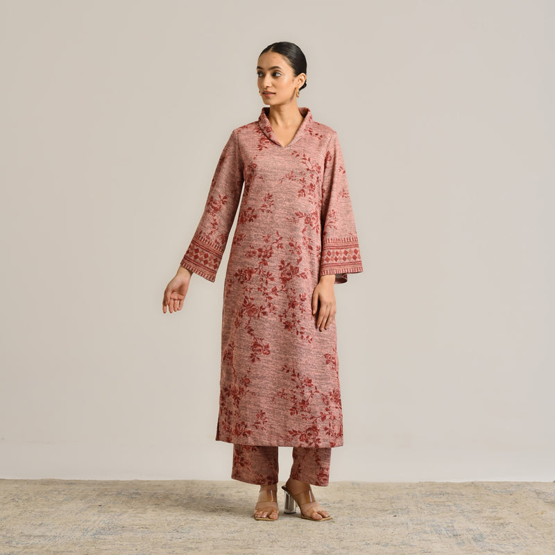 Peach Contemporary Woollen Kurta with Shawl Collar