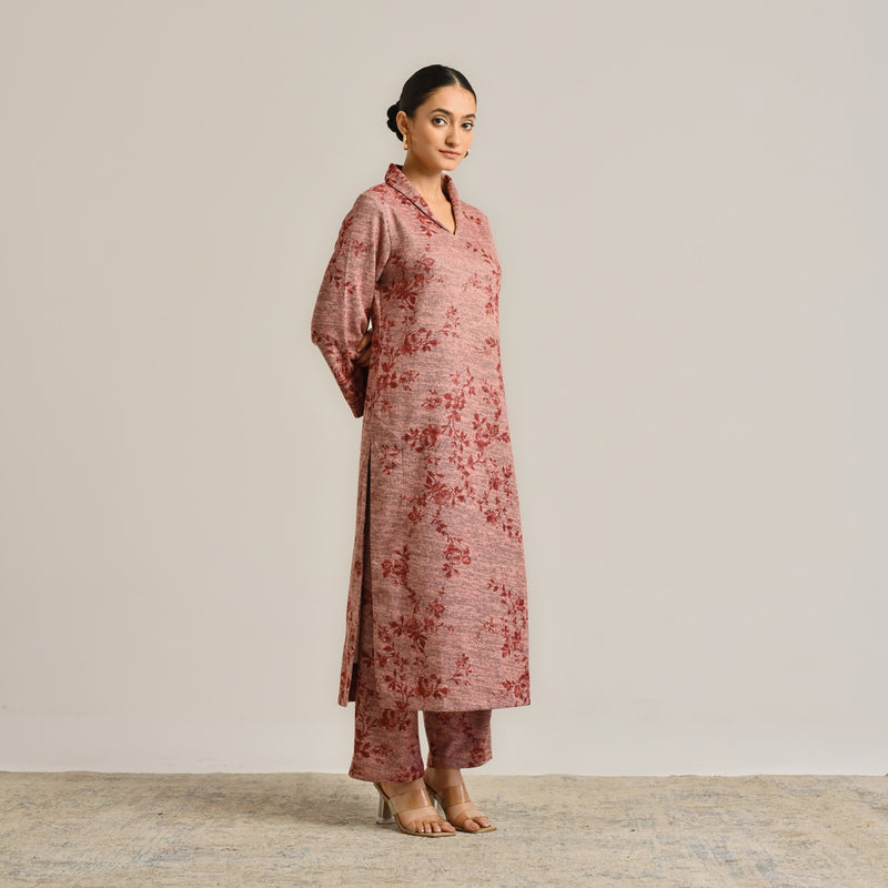 Peach Contemporary Woollen Kurta with Shawl Collar
