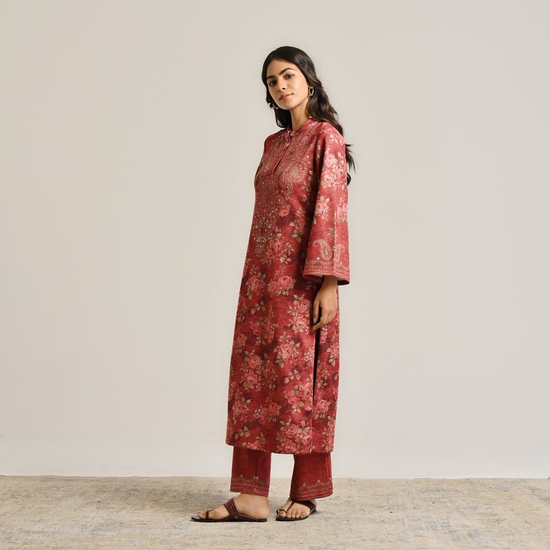 Maroon Kashmiri Inspired Woollen Kurta with Embroidery Detail
