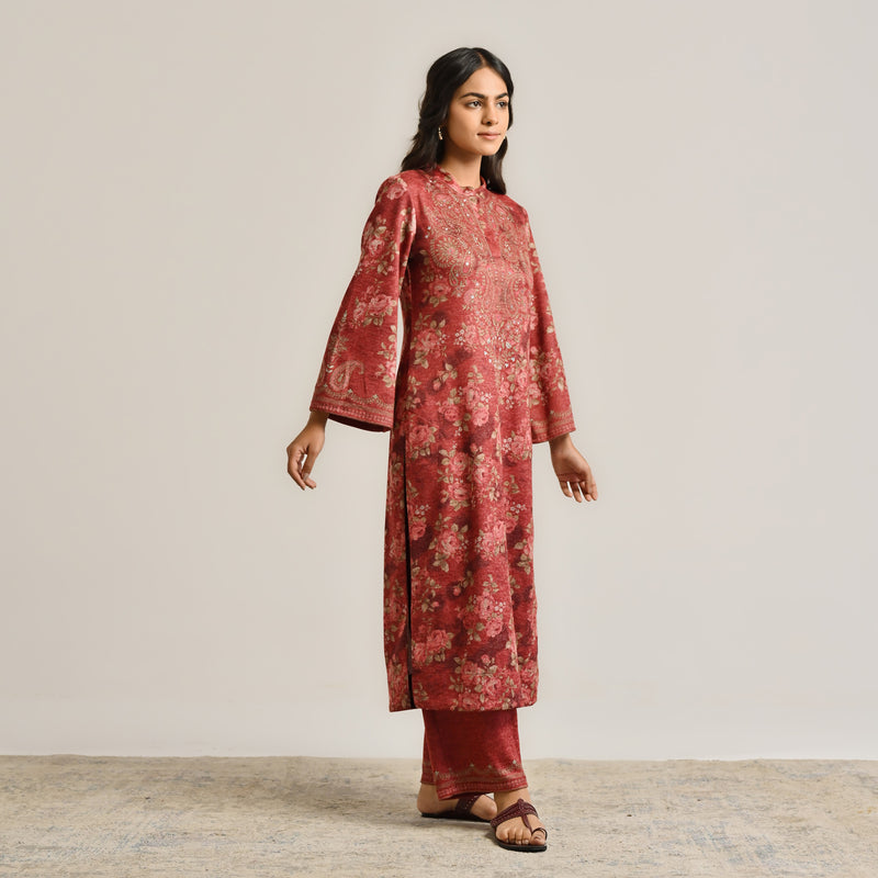 Maroon Kashmiri Inspired Woollen Kurta with Embroidery Detail